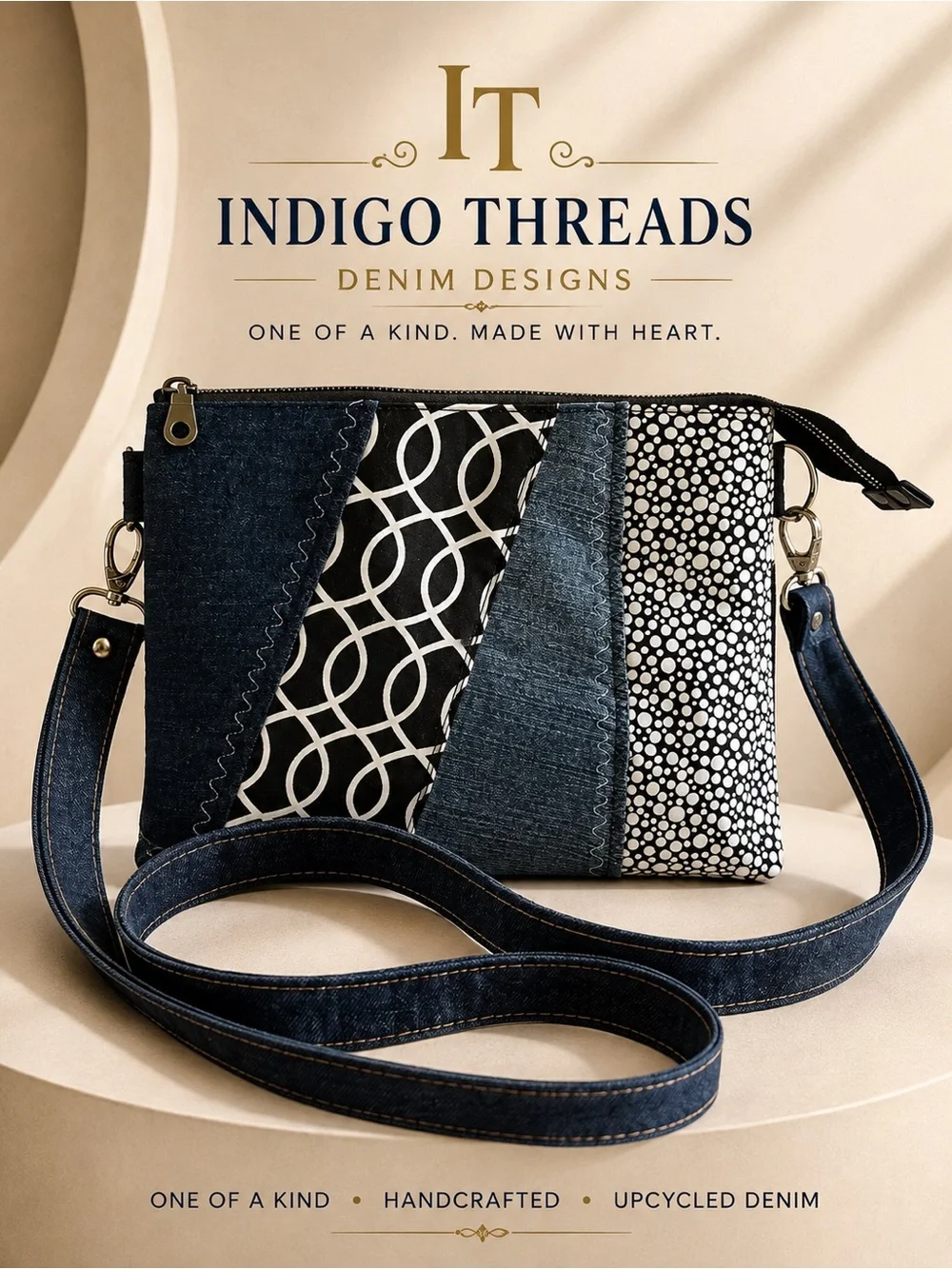 Upcycled Denim Crossbody Bag, Handmade Patchwork Denim One of a Kind